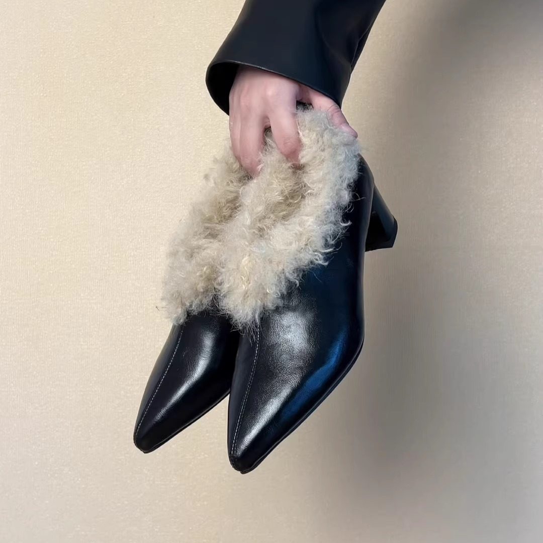 RubyL/4.5cm气质尖头毛毛鞋女粗跟显瘦百搭乐福鞋牛皮毛绒单鞋,女鞋,毛毛鞋,淘宝优惠券,粉丝福利购,淘宝优惠卷