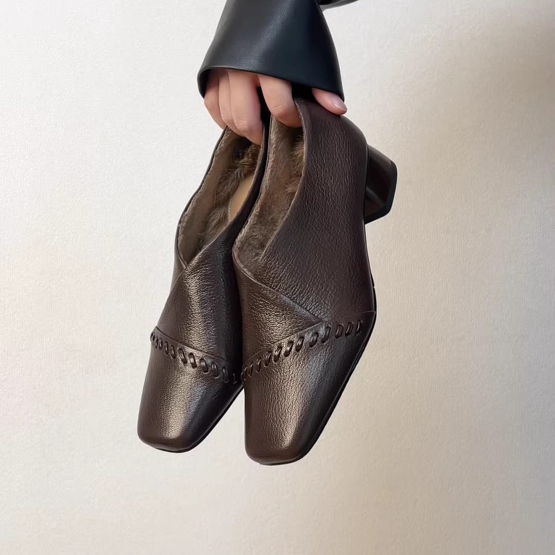 RubyL/3.5cm复古方头羊皮深口单鞋女粗跟百搭通勤鞋编织装饰中跟,女鞋,深口单鞋,淘宝优惠券,粉丝福利购,淘宝优惠卷