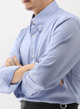 leo男士衬衫长袖蓝色系扣领纯棉修身商务休闲高级感通勤衬衣定制