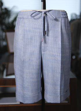 Leo夏季男士亚麻抽绳休闲短裤高腰宽松蓝色五分意式那不勒斯西裤