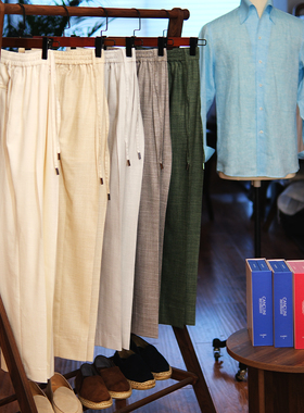 Leo夏季新品高级白色亚麻透气意式高腰宽松直筒抽绳休闲裤男长裤