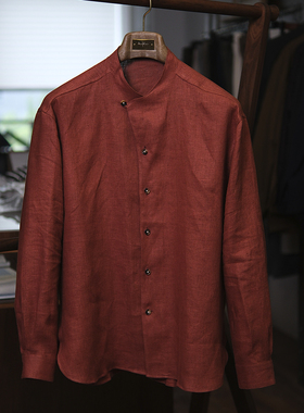 Leo男士亚麻衬衫橙色春秋季新品休闲长袖青年无领定制高级感衬衣