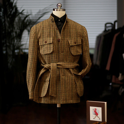 leo千鸟格厚粗花呢羊毛猎装夹克高级感男外套秋冬款立领中长上衣