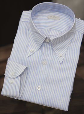 Leo男士夏季新品意式长尖领亚麻长袖衬衫定制浅蓝色条纹休闲衬衣