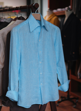 Leo男士夏季意式canclini亚麻一片领长袖衬衫定制湖蓝色休闲衬衣