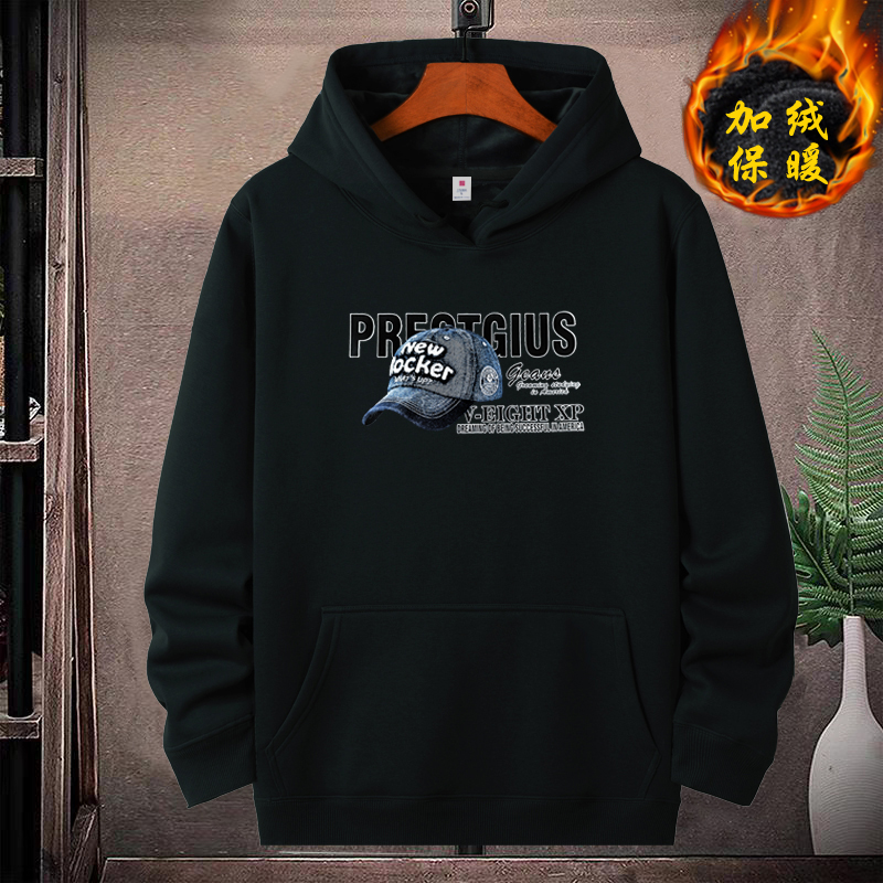 秋冬季百搭纯色外套男连帽卫衣加绒帽衫胖子宽松套头加厚保暖上衣