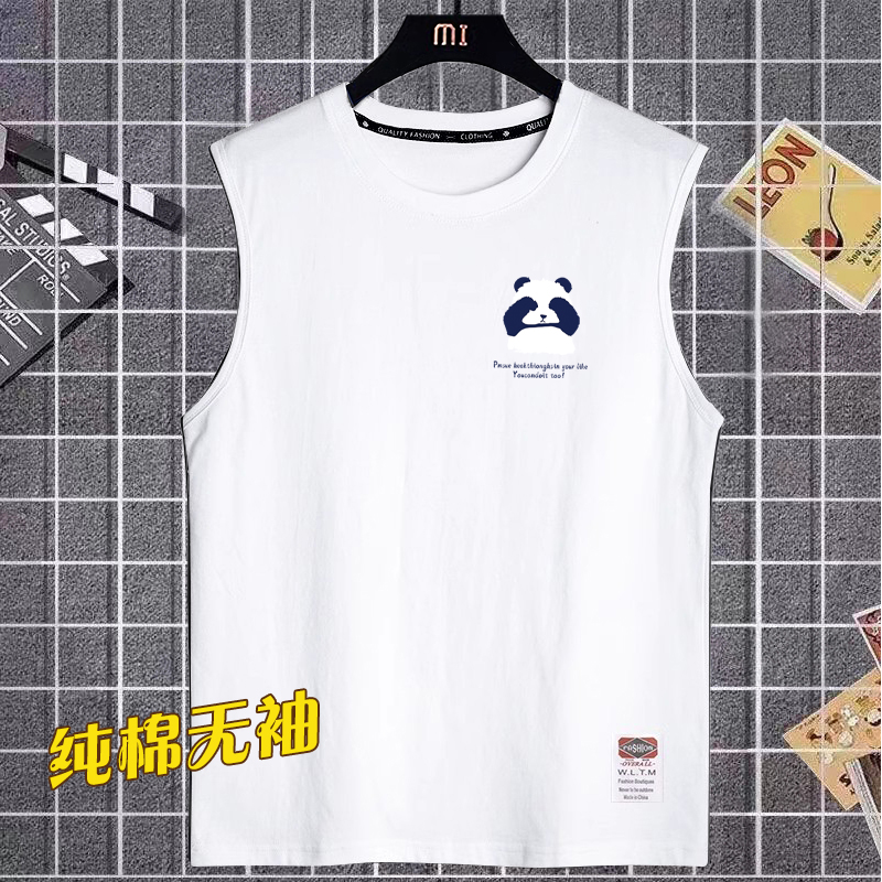 夏季重磅纯棉无袖T恤男圆领坎肩运动背心健身跑步体恤大码砍袖男