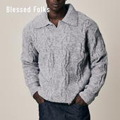 BlessedFolks25秋冬美式 复古老钱休闲宽松针织亨利领翻领套头毛衣