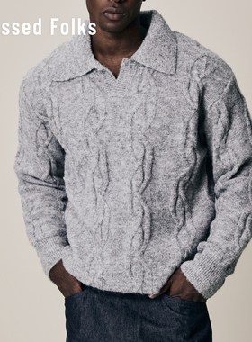 BlessedFolks25秋冬美式复古老钱休闲宽松针织亨利领翻领套头毛衣