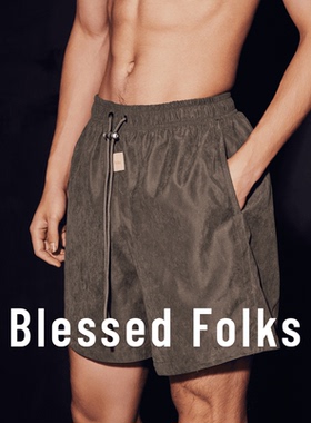 Blessed Folks长抽绳皮标合金扣男女同款健身运动速干休闲短裤