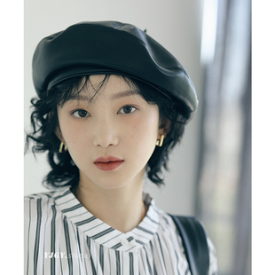 印计谷羽 高级感PU皮质贝雷帽女秋冬英伦复古画家帽韩版百搭帽子