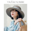印计谷羽设计师原创拉菲草爵士礼帽女春夏天防晒遮阳帽子平檐草帽
