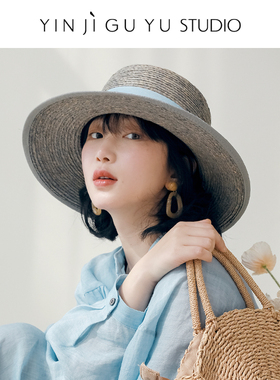 印计谷羽设计师原创拉菲草爵士礼帽女春夏天防晒遮阳帽子大檐草帽