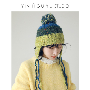 印计谷羽自留款撞色羊毛针织帽子女秋冬季护耳飞行帽保暖毛线冷帽