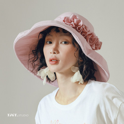 印计谷羽法式花朵渔夫帽女春夏大檐显脸小遮阳防晒帽防紫外线帽子