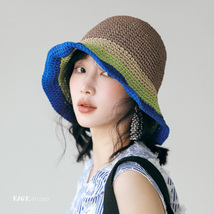 印计谷羽设计师原创撞色渔夫帽女2026夏季 防晒帽百搭遮阳草帽 新款