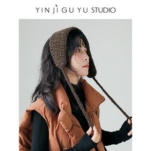 印计谷羽 设计师原创自留款 羊毛针织护耳帽女冬天保暖包头头巾帽