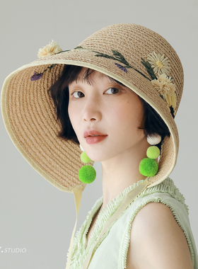 印计谷羽原创自留绣花拉菲草帽女春夏度假防晒帽大檐遮阳萝莉帽子