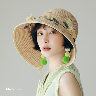 印計(jì)谷羽原創(chuàng)自留繡花拉菲草帽女春夏度假防曬帽大檐遮陽(yáng)蘿莉帽子