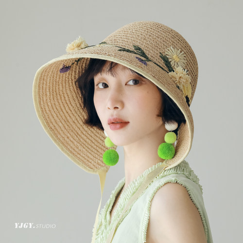 印计谷羽春夏大檐防晒草帽女