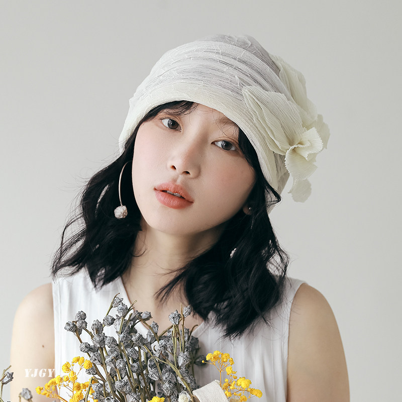 印计谷羽设计师原创款蕾丝网纱花朵包头帽女春夏日系文艺套头帽子