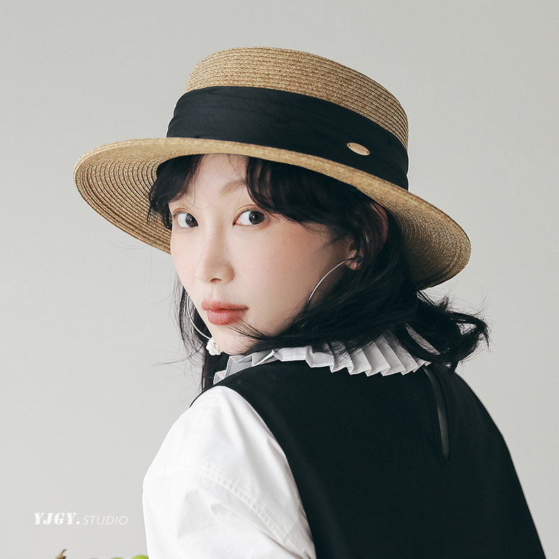 印计谷羽高级感平沿草帽女2026春夏季新款海边防晒帽百搭遮阳帽子