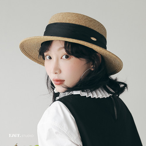 印计谷羽高级感平沿草帽女2026春夏季新款海边防晒帽百搭遮阳帽子