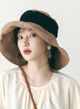 印计谷羽原创自留防紫外线亚麻透气大檐防晒帽子女春夏百搭渔夫帽