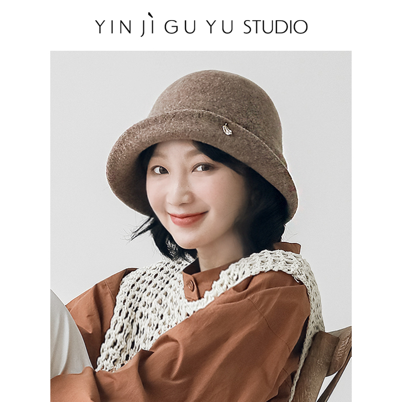 印计谷羽羽毛标毛呢盆帽