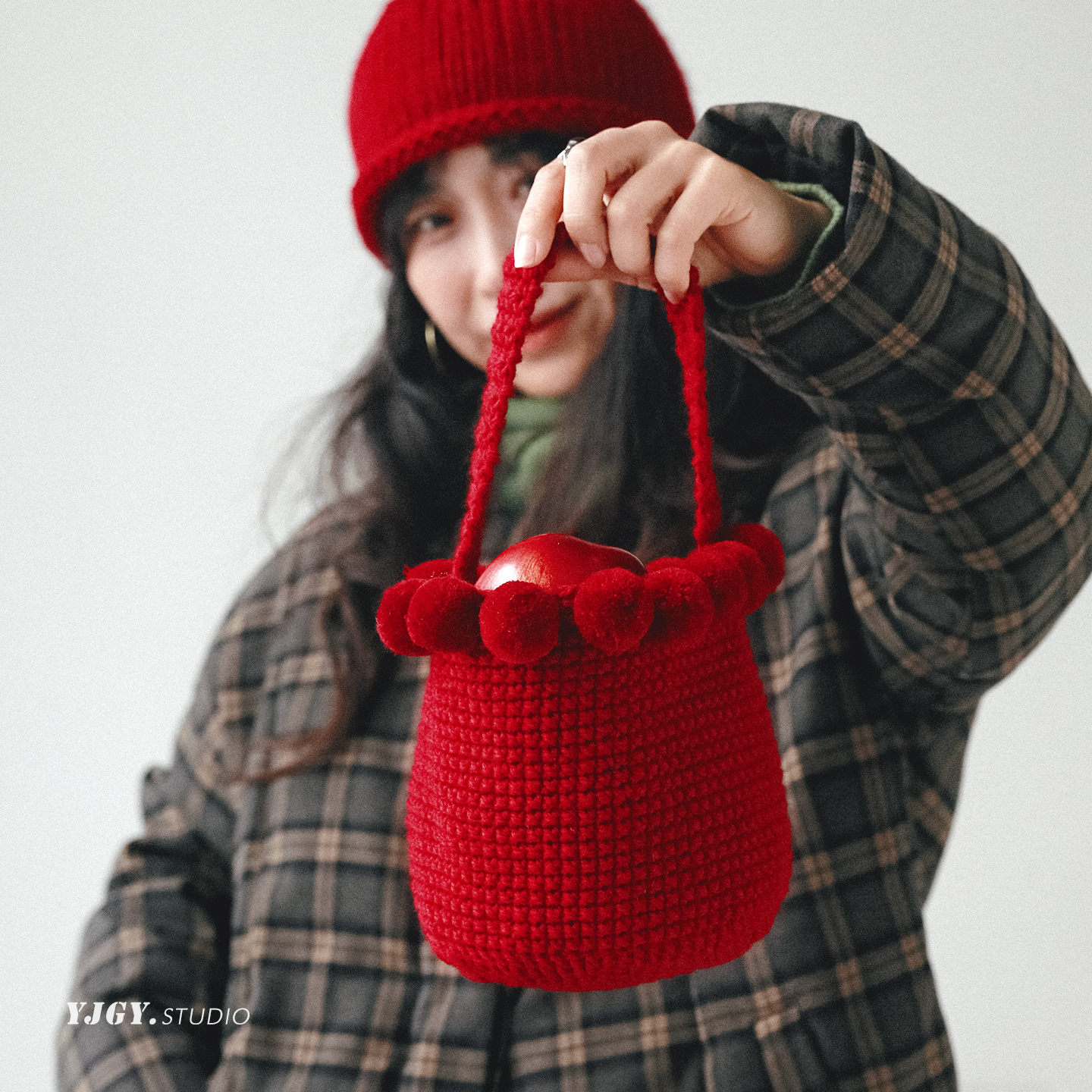 印计谷羽红色毛线钩针编织手提包设计感日系羊毛材料包DIY手工包