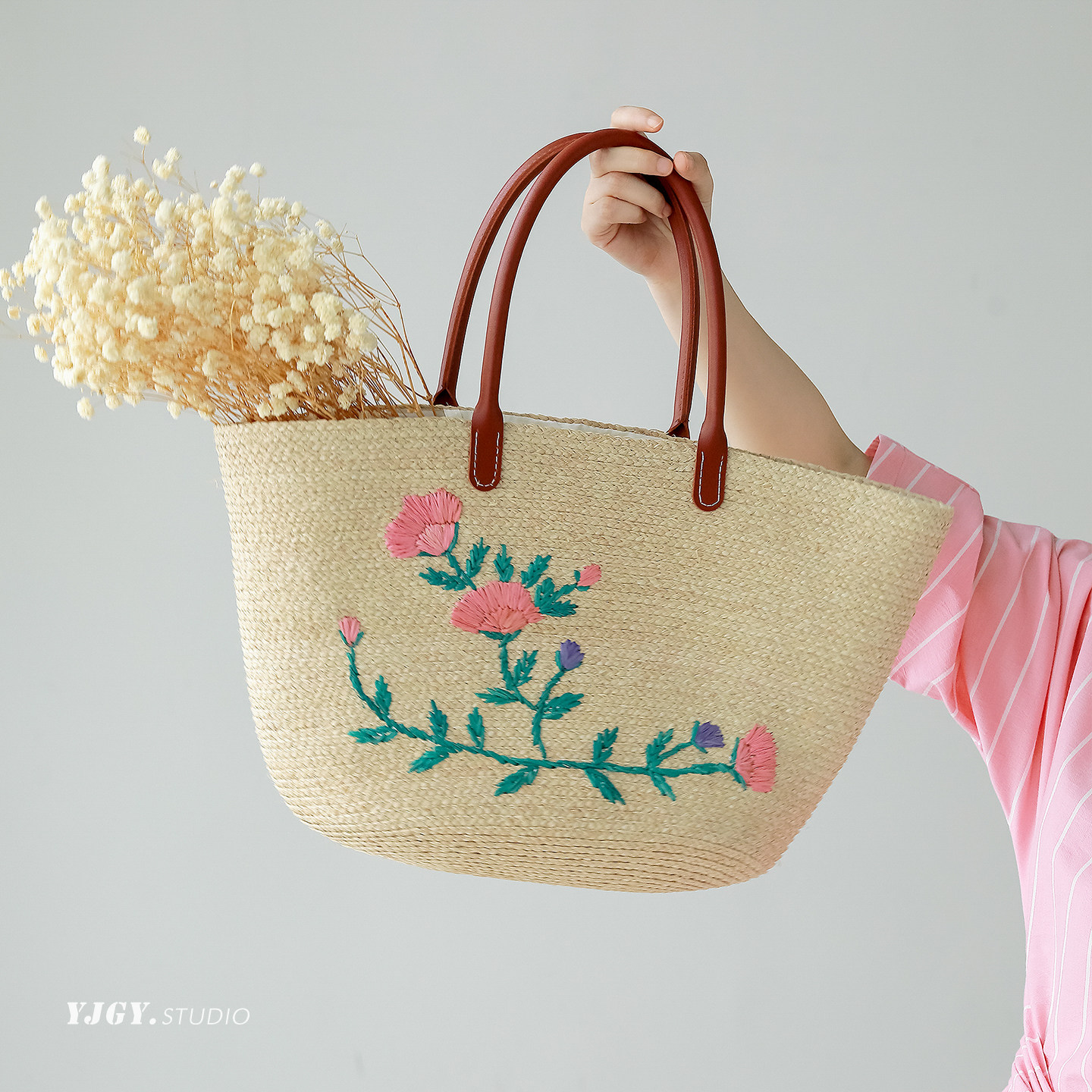 印计谷羽设计师款刺绣草编拉菲草包包女夏季高级感日系百搭手提包