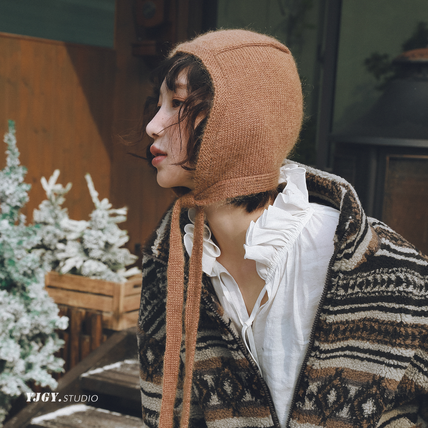 印计谷羽韩版羊毛针织帽女冬季保暖巴拉克拉法帽飘带毛线包头帽子