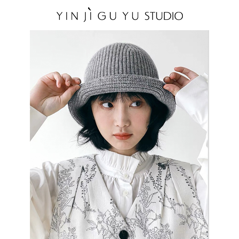 印计谷羽双层帽檐羊毛针织帽