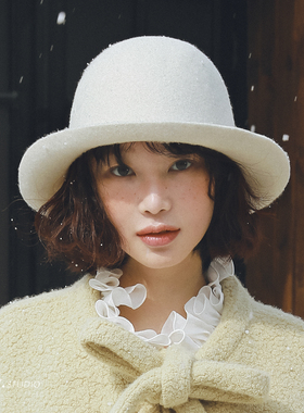 印计谷羽设计师自留赫本风白色复古羊毛毡帽女秋冬渔夫帽时尚帽子