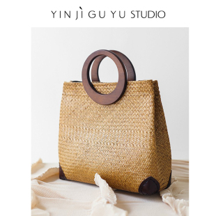 新款 包包夏季 大方包小众设计感手提包 海草草编包女法式 印计谷羽