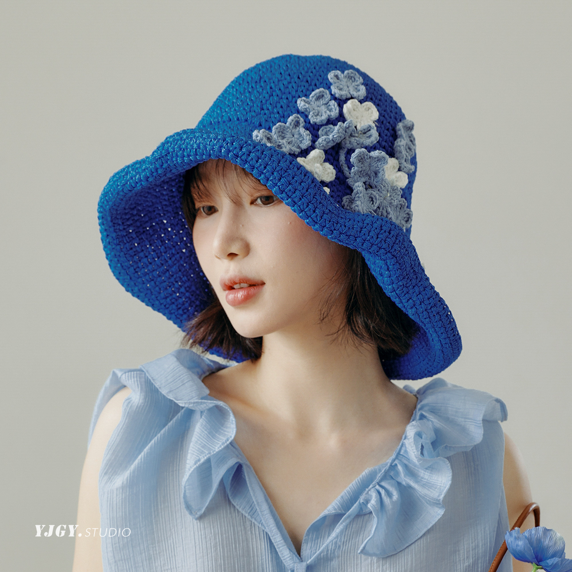 印计谷羽设计师原创绣花草帽女夏季遮阳防晒帽子漂亮显脸小渔夫帽