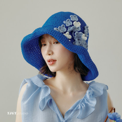 印计谷羽设计师原创绣花草帽女夏季遮阳防晒帽子漂亮显脸小渔夫帽