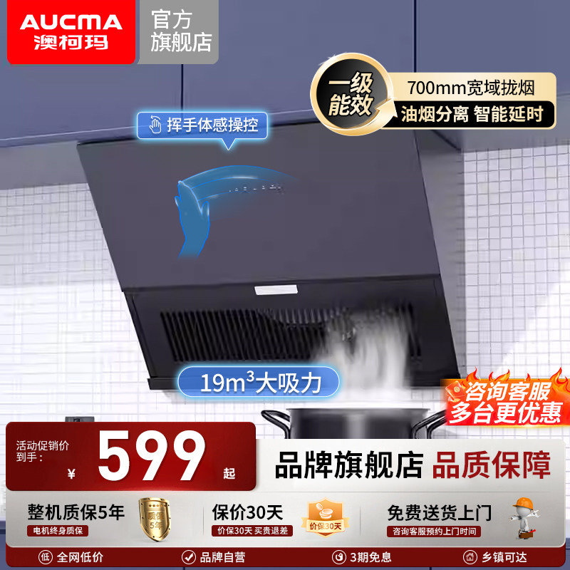 澳柯玛大吸力厨房抽油烟机19m&sup3;侧吸变频双吸一级能效自洁550D