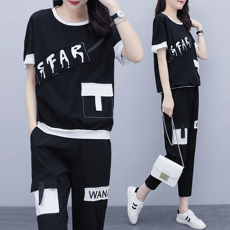 Real shot 2021 summer new Korean large size fat mm add fat increase color matching thin short sleeve suit