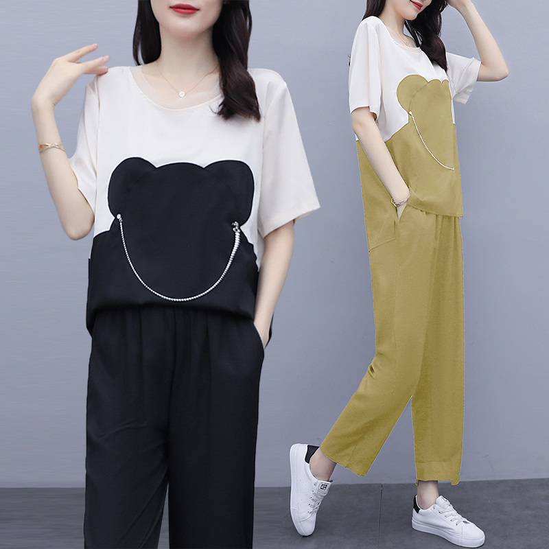 Real photo 2021 summer new fat mm fashion casual loose cover meat saucy Chiffon Shirt Pants Set