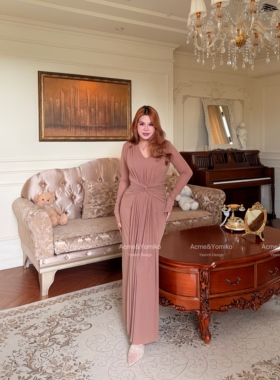 巴黎夜曲 法式纯欲复古优雅风缩褶收腰扭结设计显瘦V领连衣裙G308