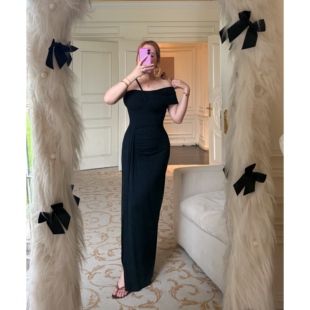 蜜糖陷阱 优雅气质复古名媛风不规则设计扭结褶皱显瘦连衣裙G209