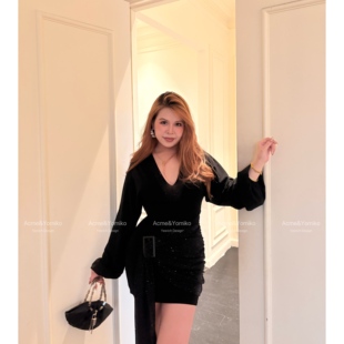 慕星映月 复古名媛风性感优雅收腰剪裁亮片设计v领连衣裙G363 法式