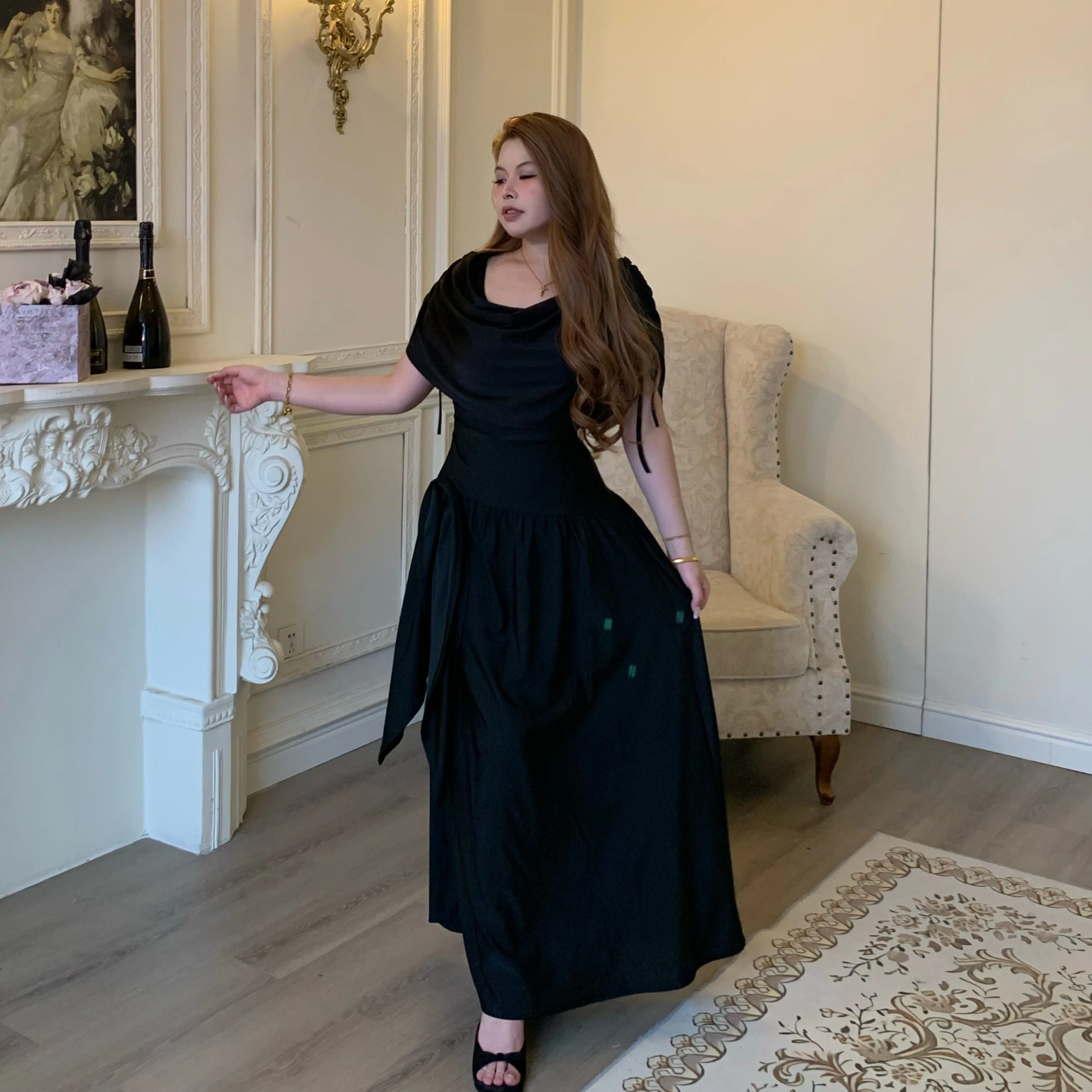 女巫的晚宴 法式不规则连体披肩拼接设计收腰显瘦连衣裙G166