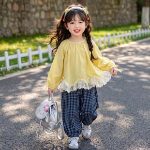 女童甜美可爱风蕾丝衬衫格子裤宝宝春秋新款甜美洋气小清新两件套
