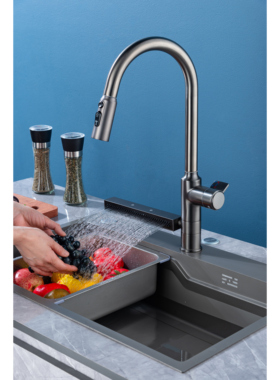 JOMOW枪灰色全铜飞雨瀑布出水厨房旋转抽拉水龙头防溅水冷热