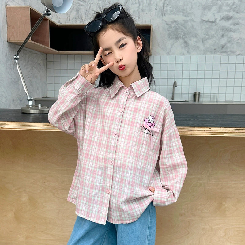 女童格子衬衫春秋长袖防晒衣新款春季薄款外套儿童春款休闲衬衣潮