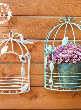 套二壁挂铁艺小鸟笼 复古做旧白色半圆多肉架小花架户外墙壁装饰