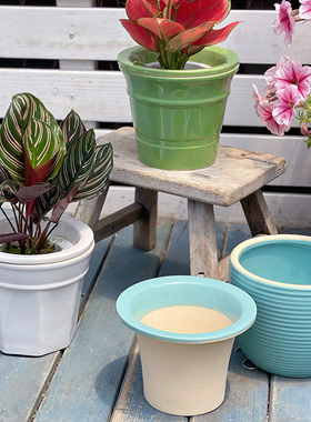 彩釉陶瓷自动吸水懒人花盆室内外简约高级感花卉绿植水养水培花盆