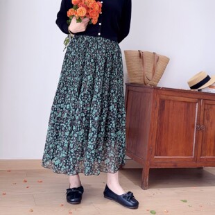 春之序曲 2025春季新款飘逸垂软雪纺印花百褶裙女a字松紧腰半身裙